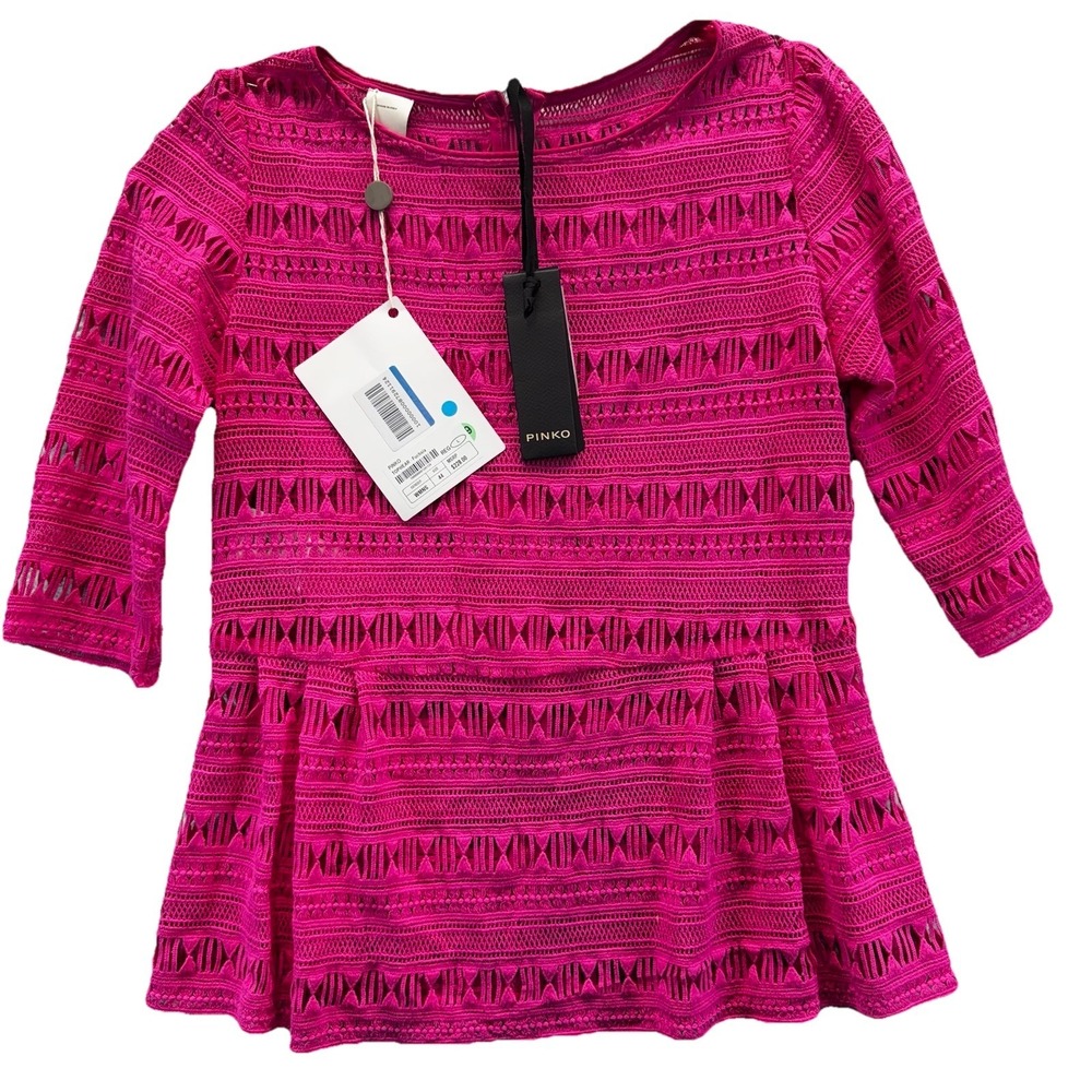 Pinko Fuchsia Lace Knit Peplum Top Womens EU 44 NWT Crochet Designer